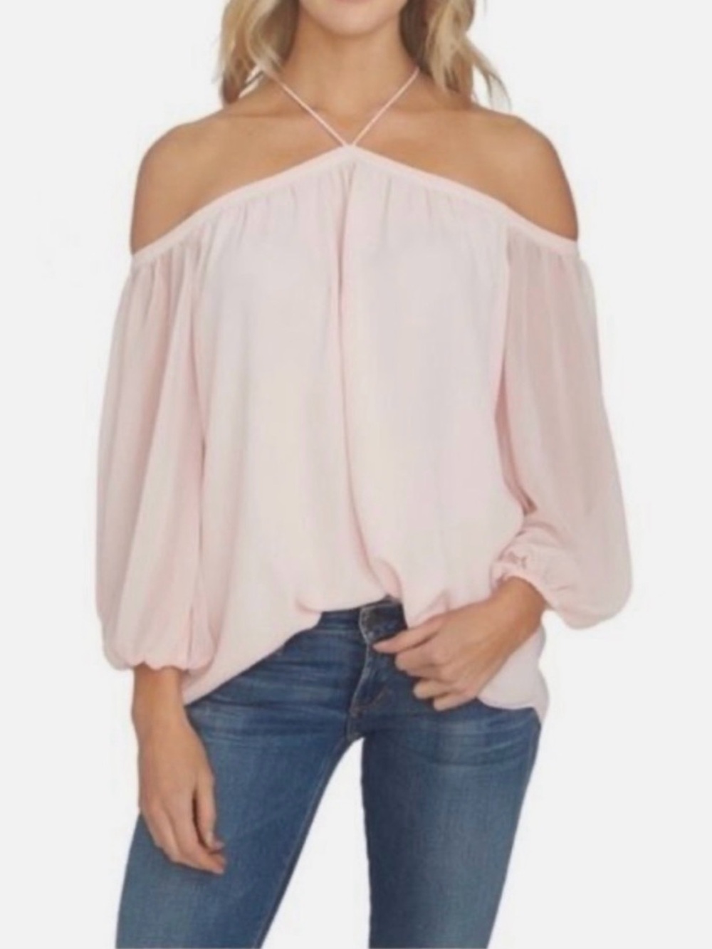 1. State Blush Pink Off-Shoulder Chiffon Top with Crisscross Straps